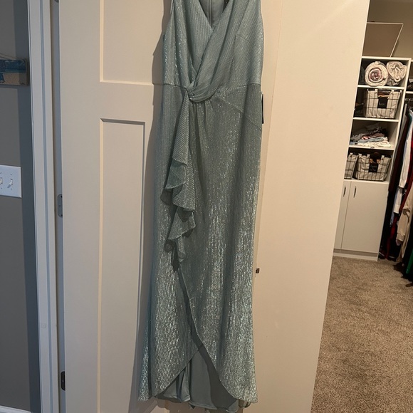 Adrianna Pappel gown, Smoke Mint. Mesh, cascade ruffle, high/low hem. - Picture 3 of 6